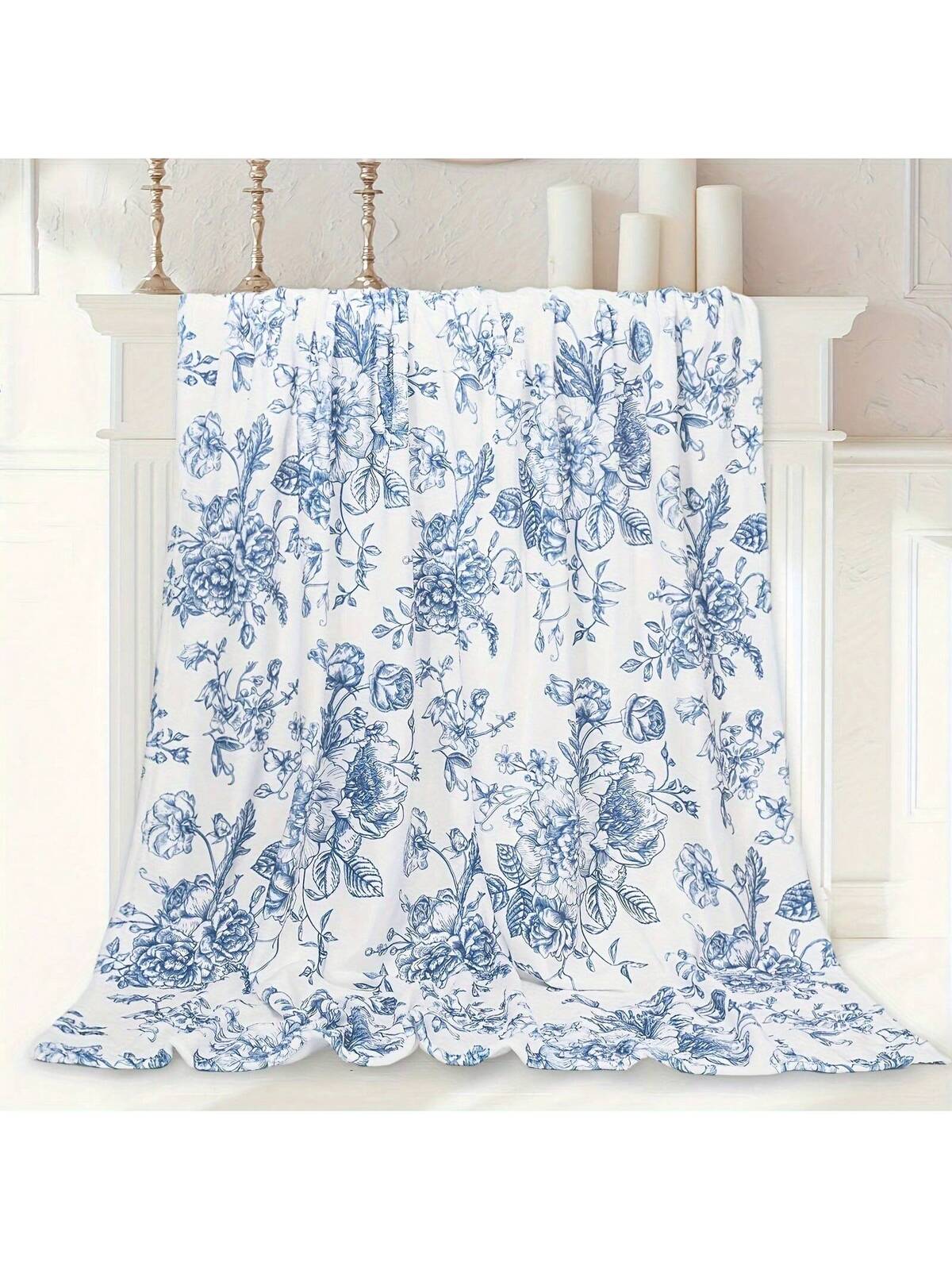 1pc Blue Floral Wool Blanket - Soft, Cozy, All-Season Blanket, Suitable For Sofa, Bed Or Camping, Retro Style, Machine Washable, Camping Blanket | Comfortable Bedding Accessory | Gift Blanket 200x150 Cm