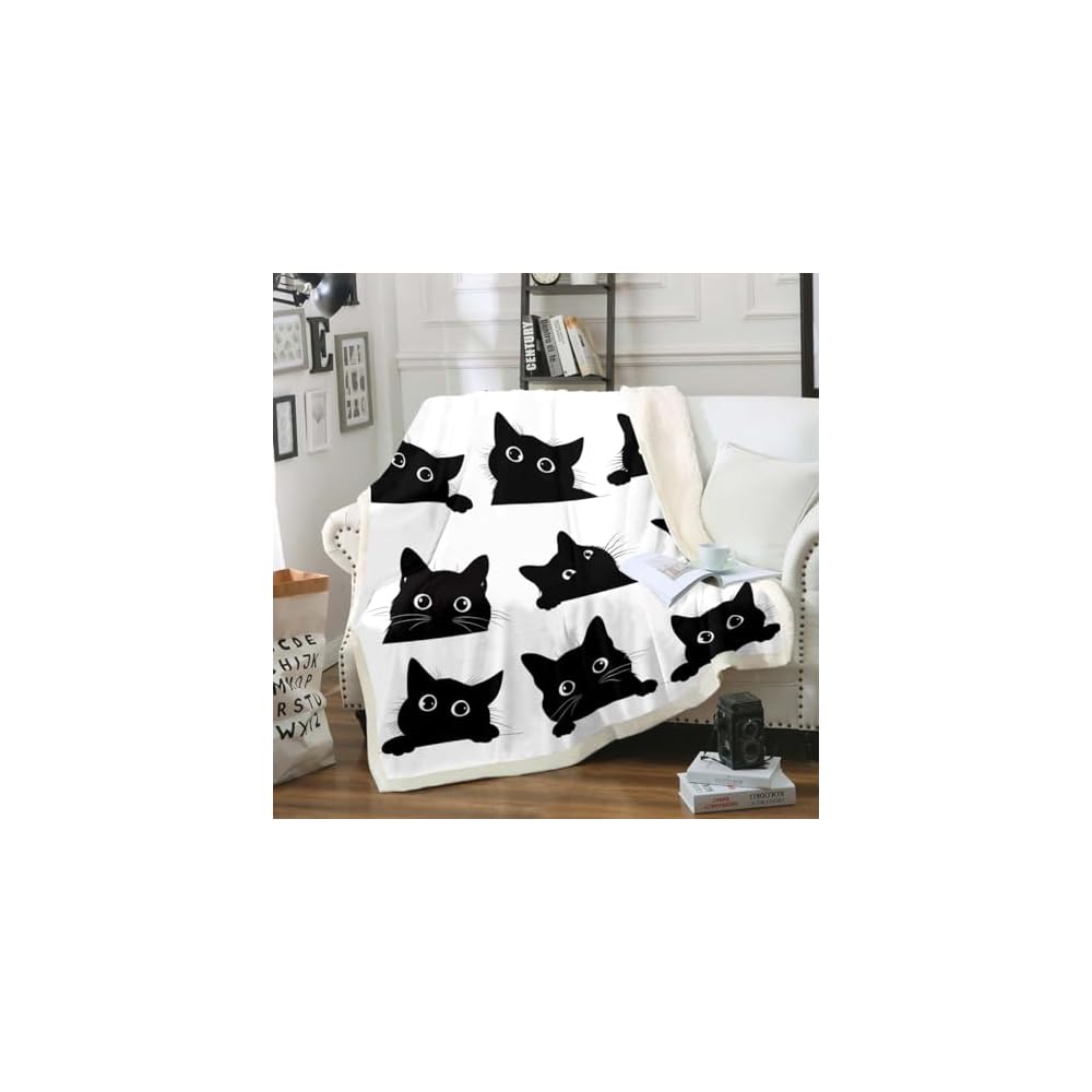 Black Cat Blanket for Kids Toddler Cute Pet Cats Pattern Fleece Throw Blanket Lovely Kitten Plush Blankets and Throws Super Soft Cozy Animal Sherpa Blanket for Couch Bed Sofa 50"x60" White