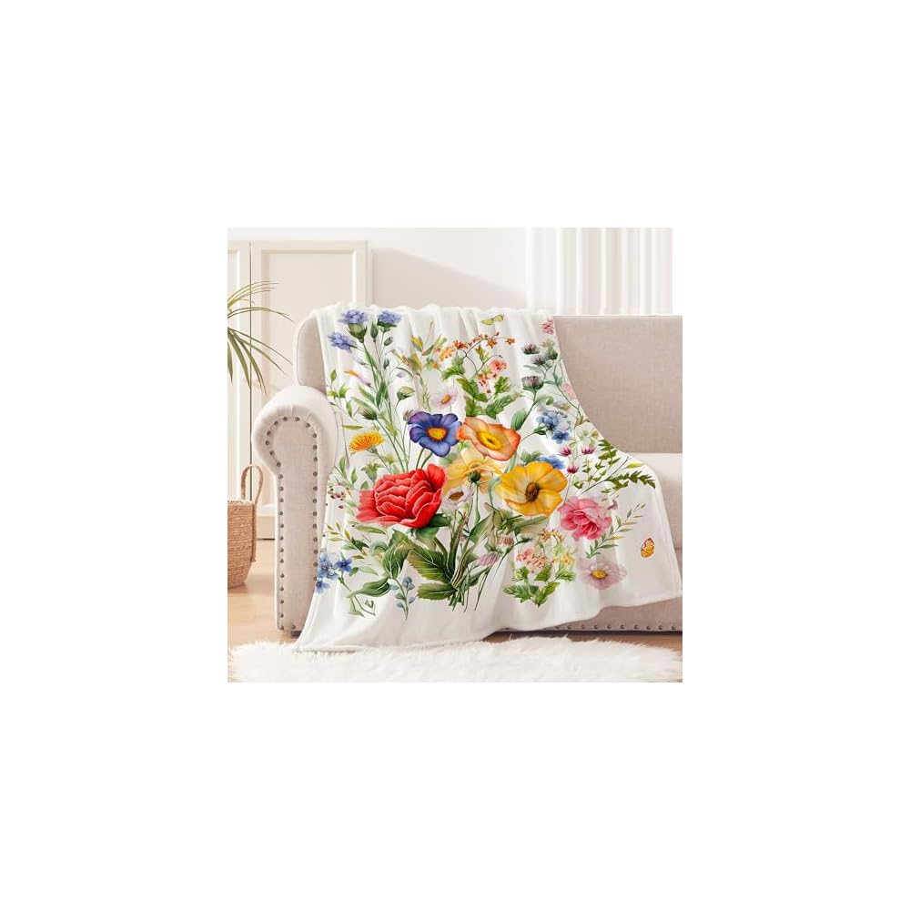 Floral Blanket Vintage Flowers Blankets Butterfly Wildflowers Throw Blanket Soft Cozy Flannel Fleece Throw Blanket Colorful Daisy Plants Bed Blanket for Couch Sofa, 50"×60"