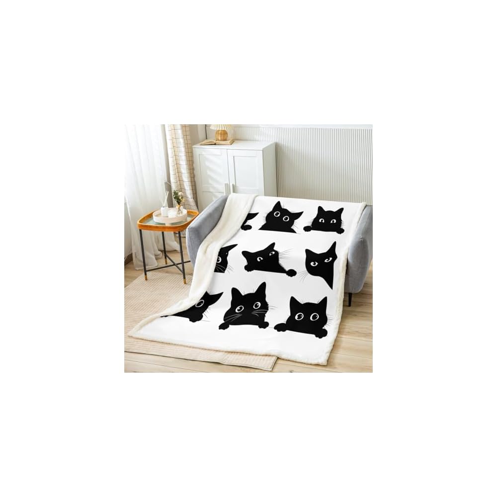 Black Cat Blanket for Kids Toddler Cute Pet Cats Pattern Fleece Throw Blanket Lovely Kitten Plush Blankets and Throws Super Soft Cozy Animal Sherpa Blanket for Couch Bed Sofa 50"x60" White