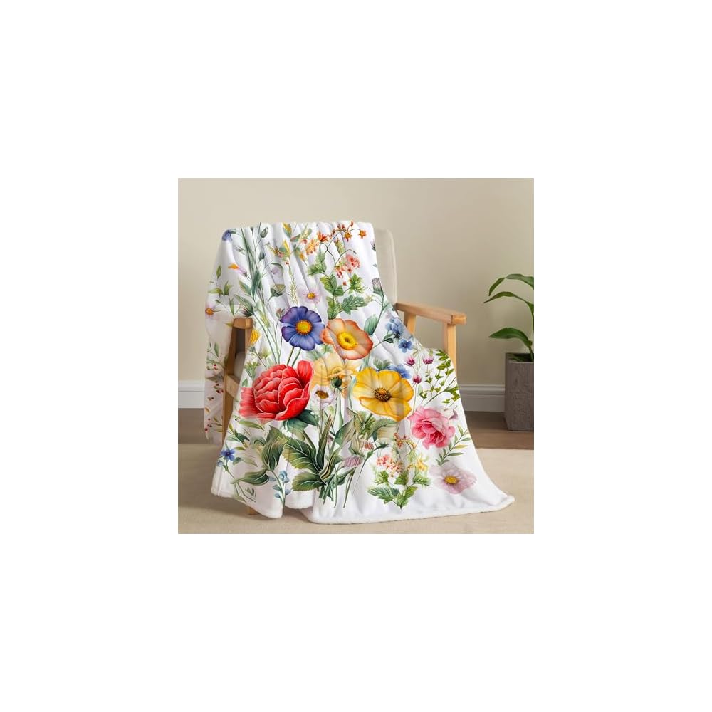 Floral Blanket Vintage Flowers Blankets Butterfly Wildflowers Throw Blanket Soft Cozy Flannel Fleece Throw Blanket Colorful Daisy Plants Bed Blanket for Couch Sofa, 50"×60"