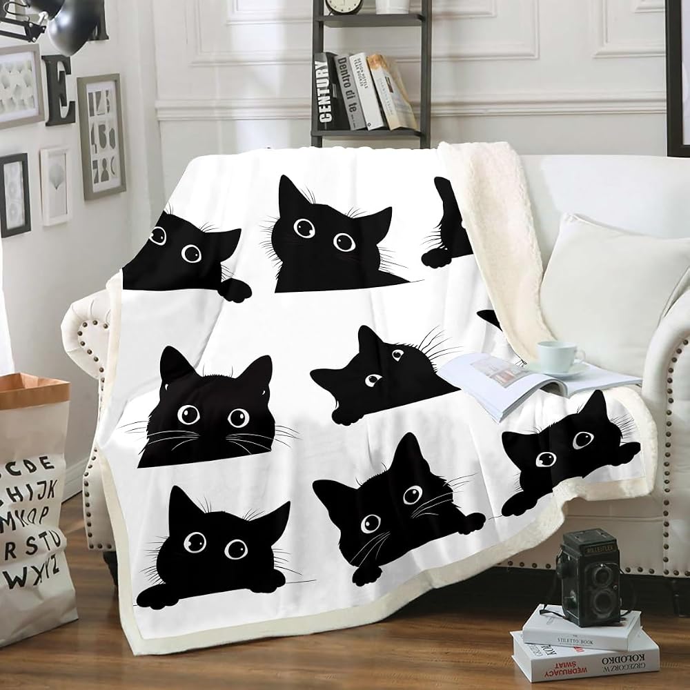 Black Cat Blanket for Kids Toddler Cute Pet Cats Pattern Fleece Throw Blanket Lovely Kitten Plush Blankets and Throws Super Soft Cozy Animal Sherpa Blanket for Couch Bed Sofa 50"x60" White