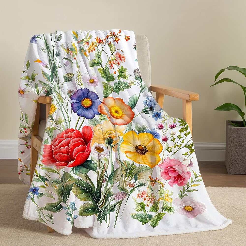 Floral Blanket Vintage Flowers Blankets Butterfly Wildflowers Throw Blanket Soft Cozy Flannel Fleece Throw Blanket Colorful Daisy Plants Bed Blanket for Couch Sofa, 50"×60"