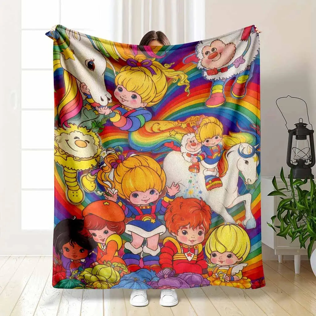 Rainbow Brite Flannel Fleece Throw Blanket 80s Retro Cartoon Starlite Color Kids Magical Horse HD Print Ultra Soft Non Shedding Warm Cozy Sofa Decor Nostalgia Gift